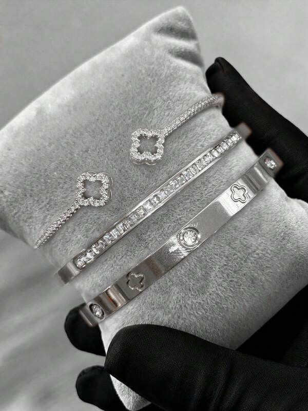 1/3Pcs Fashionable Elegant Clover 18k Gold Plated Stainless Steel Bracelet With Copper Inlaid Artificial Zirconia Clover Open Cuff Bracelet Set, Suitable For Women's Daily Wear, Holiday Gift, Perfect Gift For Mother, Mom, Friend, Girlfriend