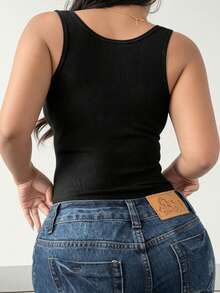 Camiseta Casual de Manga Curta de Cor Sólida Plus Size para Mulheres, Regata Esportiva Casual de Malha Ajustada com Gola Redonda, Adequada para Ocasiões Formais de Verão, Escritório, Concertos - Preto - Visão 5