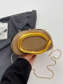 Luxury Oval Crossbody Bag Hard Shell Clutch Solid Color Glossy PU Leather Detachable Chain Women's Handbag Suitable For Wedding And Evening Party - Gold - View 7