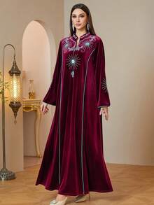 Autumn/Winter Thickened Burgundy Elegant Sun Rhinestone Embroidered Stand Collar Long Dress, Dubai Saudi Muslim Jalabiya - Red - View 6