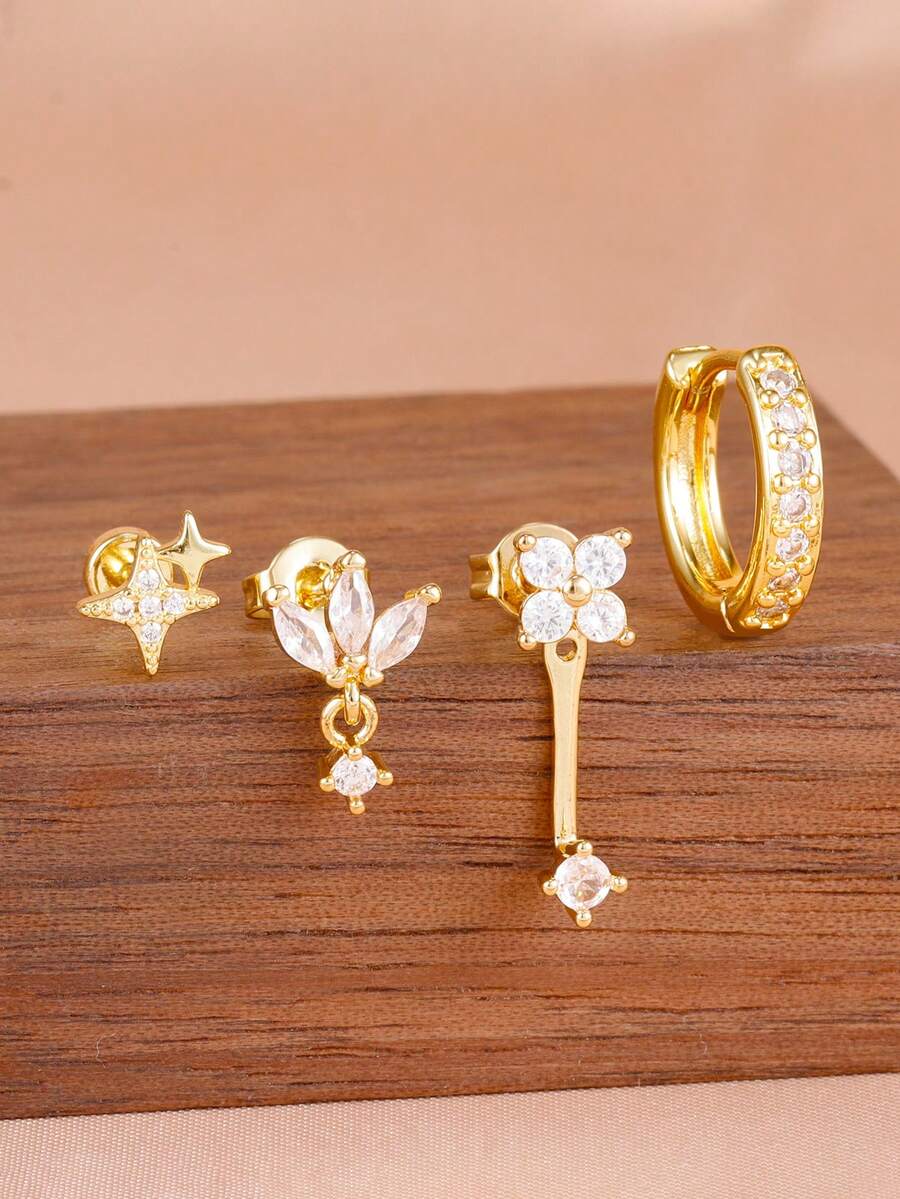 4PCS Light Luxury Stainless Steel Star Ear Studs Set For Women 18K Gold Plated Geometry Hoop Earring Fashion Aesthetic Jewelry - 4PCS-gold - View 1