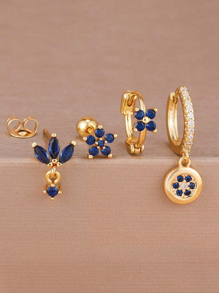 4PCS Fashion Glittering Dark Blue Zirconia Hoop Earrings Set For Women Stainless Steel 18K Gold Plated Shiny Flower Dangle Earring Piercing Jewelry Gift - 1-gold - View 1
