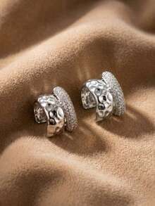 Punk Style Rhinestone Thick Round Clip-On Earrings, Gold Round Wire Texture Ear Clips, Chunky Ear Clips, Jewelry Gift - Diamond Earrings - View 10