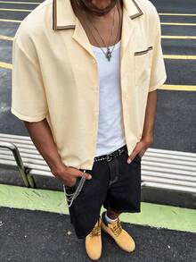 Men's Casual Lapel Collar Drop Shoulder Short Sleeve Front Button Summer Shirt - Apricot - View 5