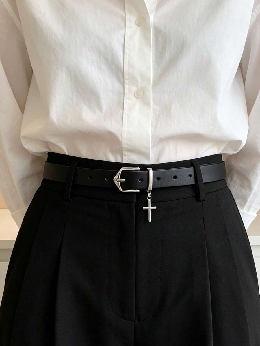 1pc Unisex Cross Pendant Casual PU Leather Belt, Suitable For Daily Wear In All Seasons - Black - View 1