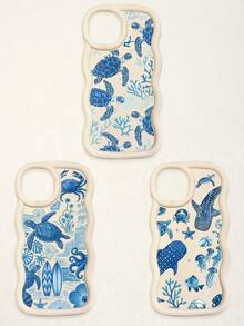 3 Pcs Wavy White Edge Ocean Sea Turtle Print Phone Case, Blue Tone Underwater Creature Illustration Soft Shell, Thickened Wavy Frame Full Coverage Anti-Drop TPU Phone Cover, Ins Vacation Style Niche Fresh Digital Accessory; Suitable For Valentine's Day, Easter, Mother's Day, Father's Day, Independence Day, Halloween, Thanksgiving, Christmas, New Year, Birthday, Back To School Gifts, Compatible With IPhone 17/17 Pro - Multicolor - View 62