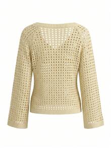 Yepolly-Pop Women For Autumn Elegant Cream Crochet Knit Cardigan, V-Neck 3D Floral Bell Sleeve, Office Daily Party Date Back To School - Apricot - View 7