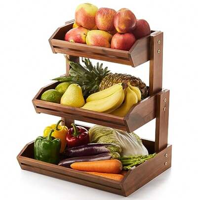 Panier à fruits à étages pour comptoir, bol à fruits en bois pour organisateur de comptoir de cuisine, rangement de légumes et de produits, panier en bois et organisateur de collations pour rangement sur le comptoir