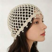 Bohemian Hollow Crochet Hair Accessory Hat, Vintage Draped Pearl Knit Hat, Summer Beach Travel Accessory - B - View 9