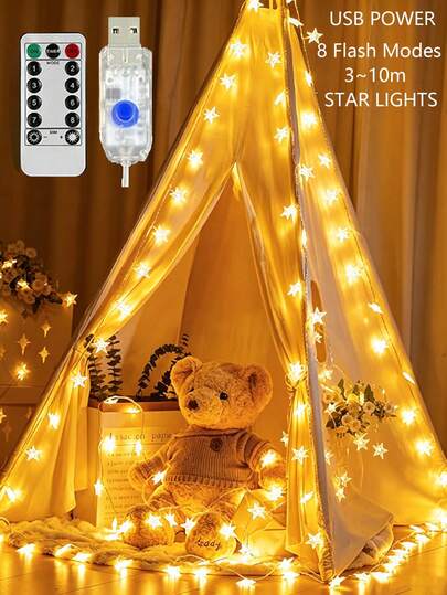 1pc 3/6/10M USB Power 8 Flashing Modes Warm White Indoor Room Wall Decor Star LED Fairy String Light With Remote Control,Outdoor Patio Garden Decor Star Lights String, Bedroom Home Decor Items, Birthday Wedding Camping Decor Star String Light