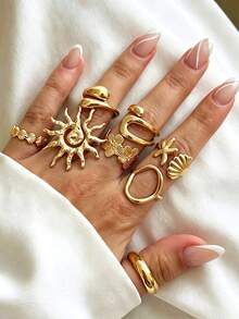 8pcs Bohemian Vintage Beach Women Casual Rings Set Suitable For Daily Wear, Vacation, Date, Party - Yellow Gold - View 5