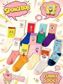 SpongeBob SquarePants 1/5/10雙襪子套組，多款卡通角色圖案中筒襪，聚酯纖維，中性款，趣味印花，適合日常穿著與送禮 - 彩色 - 查看 2