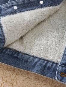 Baby Boys Thermal Lined Denim Jacket, Autumn/Winter New Arrival, Warm Fashion Casual Style, Light Blue Washed Denim Color Classic Versatile, Thickened Thermal Lining, Soft Plush Collar Comfortable, Metal Buttons, Brown Faux Leather Label Decoration Exquisite Detail, Premium Cotton Denim Fabric, Suitable For Autumn/Winter Daily Outings And Play - Light Wash - View 5