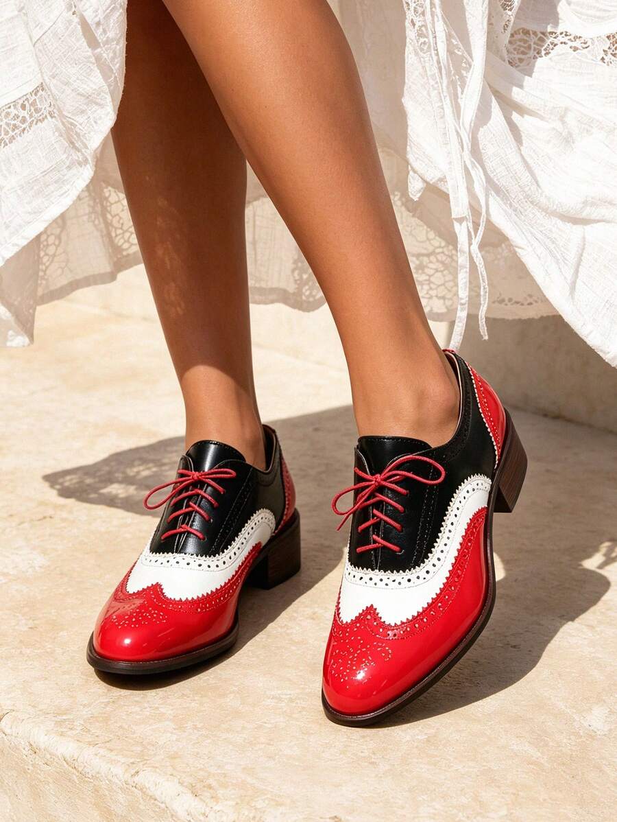 Women Oxfords Pumps Chunky Block Heels Mixed Color Lace Up Ladies' Business Loafers Fashion Comfy Casual Luxury Dress Shoes - 紅色 - 查看 1