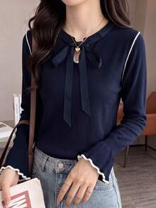 Vintage Style Women's Knitted Sweater With Contrast Trim, Front Tie Bow, Flared Sleeves, Casual Base Layer Top - Navy Blue - View 4