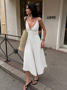 Standard Size Women's Minimalist Casual Commuter Dress, Spring/Summer Party Elegant White - White - View 1