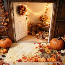 1pc Autumn Series Floral Basket Sunflower Chrysanthemum Pumpkin Pattern Printed Faux Cashmere Surface TPR Bottom Doormat, Bathroom Mat, Kitchen Mat, Laundry Room Mat, Holiday Atmosphere Decor, Home Decor, Party Decor, Wedding Decor, Dining Room Decor - Multicolor - View 1