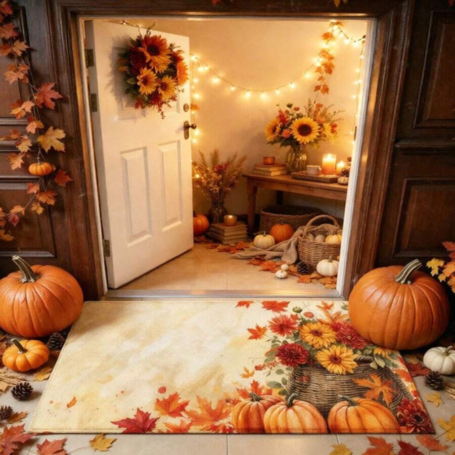 1pc Autumn Series Floral Basket Sunflower Chrysanthemum Pumpkin Pattern Printed Faux Cashmere Surface TPR Bottom Doormat, Bathroom Mat, Kitchen Mat, Laundry Room Mat, Holiday Atmosphere Decor, Home Decor, Party Decor, Wedding Decor, Dining Room Decor - Multicolor - View 1