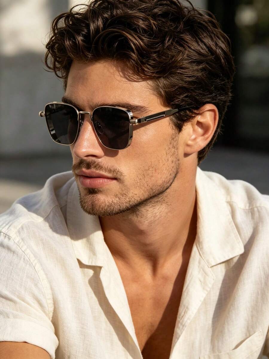 1 Pair Men's Fashion Geometric Pattern Sunglasses, Perfect Blend Of Modern Style And Vintage Charm, Suitable For Vacation, Driving, Outdoor Sports, Daily Wear, Party, Fits All Face Shapes - Multicolor - View 1
