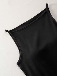 White Jersey Square Neck Padded Camisole,Built-In Chest Pad Thin Strap Form Fitting Tank Top,Convenient No Underwire Basic Layering Top Matching Jeans - Black - View 6