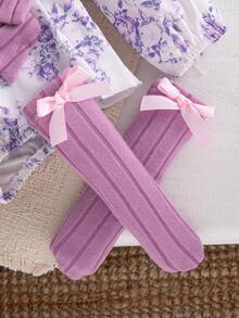 Autumn/Winter Baby Girl Purple Rose Floral Long Sleeve Bodysuit & Ruffle Flutter Sleeve Big Bow Baby Girl 100 Days Celebration Romper With Bow Long Leg Warmers Set - Mauve Purple - View 9