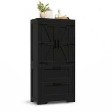 Rustic Style Kitchen Cabinet With 2 Drawers And Adjustable Shelves, Barn Door Design Side Cabinet, Suitable As Storage Furniture For The Kitchen, Dining Room And Living Room, Black Color. - 1 - View 9
