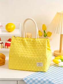 1pc/10pcs Sweet Fresh Style Quilted Fabric Rectangular Lunch Tote Bag, Diamond Embossed Pattern, With Rope Handle And Tag, Zipper Closure Insulated Food Container, Portable Thermal Cooler Bag, Suitable For Office Work, School, Picnic And Outdoor Daily Use - View 11