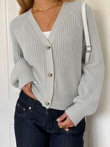 Y2K Style Grey Cardigan With Amber Buttons, Casual Comfortable Loose Knit Sweater Jacket For Daily Wear, Back To School Season - Grey - View 2