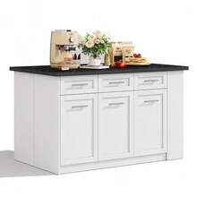Multifunctional Kitchen Island 150cm + 96cm, Extendable White Dining Table, Black And White Marbled Wood Worktop/Table, Integrated Storage Cabinets, Ideal For Family Kitchens And Shared Dining - White - View 5