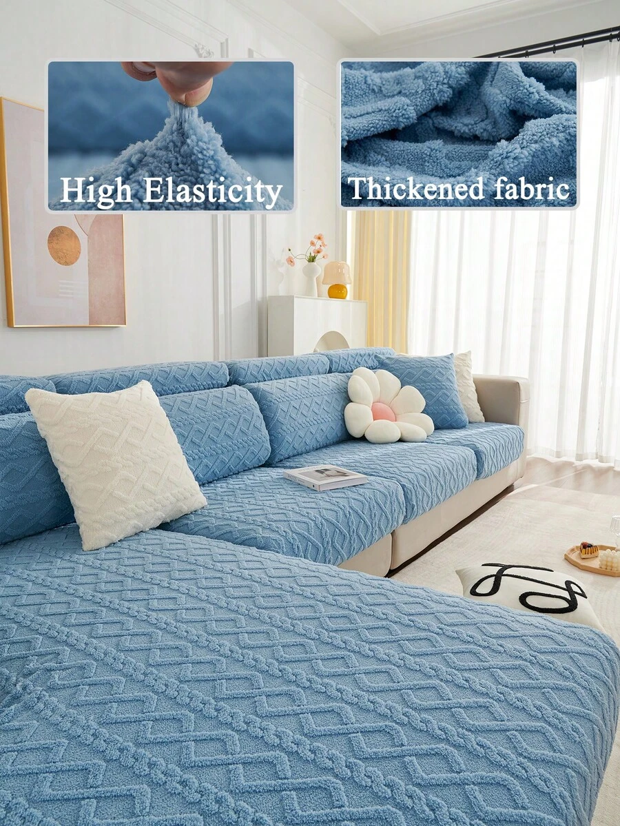 1pc Plush Sofa Cushion Cover, Elastic Thickened Non-Slip Sofa Cover, Suitable For Living Room, Bedroom, Outdoor Sofa, Protects Sofa From Pet Damage, Fits L-Shaped Single Sofa And 1/2/3/4 Seater Sofa, Autumn/Winter Home Decor Sofa Cover - Blue - View 1