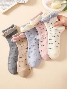 5 Pairs Ins Style Ruffled Ditsy Floral Mid-Calf Socks, Japanese Cute JK Lolita Student Slouch Socks For Girls, Soft And Comfortable, White And Pink, Suitable For Daily Wear And All Seasons - Multicolor - View 13