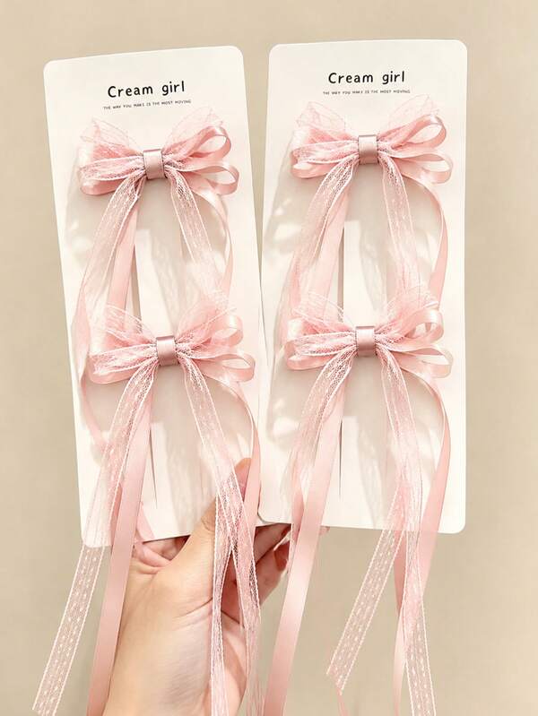 2pcs Girls Lace Bow Ribbon Hair Clips, Ballet Style Duckbill Side Bangs Hair Clips, Suitable For Daily Wear