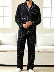 Men's Pajama Set, Autumn/Winter, Lapel Collar, Line Cat Print, Long Sleeve, Long Pants, 2 Pieces Set, Casual Comfortable Loungewear - Multicolor - View 4