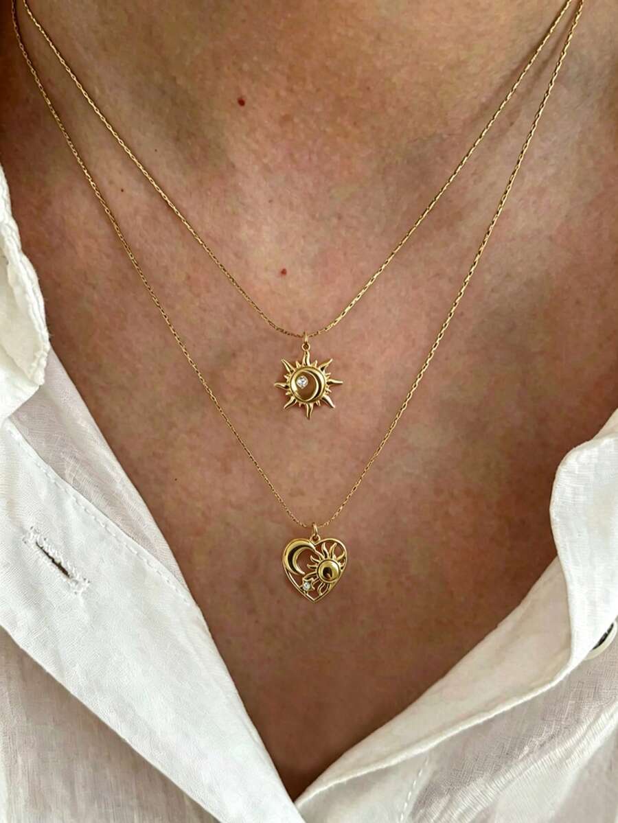 1pc Stainless Steel Waterproof Non-Fading Vintage Smiling Face Moon & Sun Pendant Necklace, Clavicle Chain Suitable For Women's Daily Wear - Gold - View 1