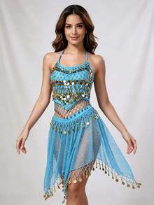 Belly Dance Halter Sequin Coin Crop Top Glitter Mesh Irregular Coin Decorated Skirt Stage Performance Dance Outfit - Multicolor - View 9