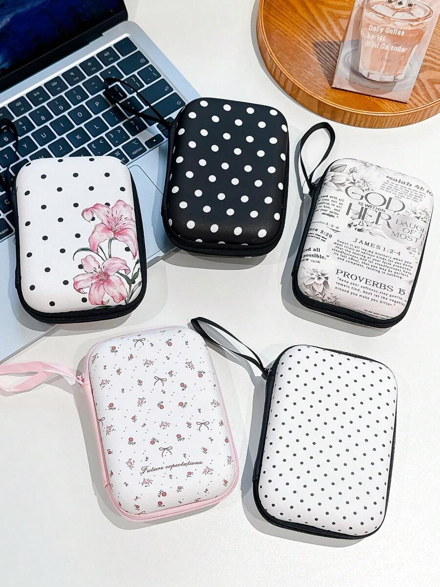 Minimalist Black Polka Dot Data Cable Charger Storage Bag Earphone Storage Box Anti Drop Zipper Bag Cartoon Creative - Multicolor - View 1