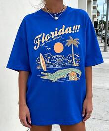Florida Palm Tree Pattern T-Shirt -Women's Casual Vacation Short Sleeve T-Shirt, Round Neck Short Sleeve Top,Summer Outfits For Women - Summer Tops - 藍色2 - 查看 3