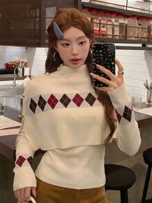 Autumn/Winter Korean Sweet Casual Style Argyle Knit Shawl Sweater Set For Women, High Neck Shawl + Base Layer Top 2-Piece Set, Autumn Style - Apricot - View 2