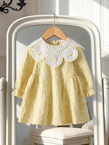 Girls (Infant) Sweet Fresh 3D Embossed Floral Double Layer Lace Peter Pan Collar Daisy Puff Sleeve Princess Dress, Spring/Autumn Thin Style - Yellow - View 1
