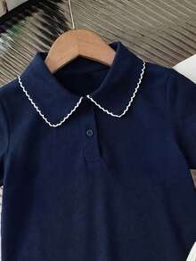 1件女童夏季新款Polo衫，百搭休闲可爱T恤 - 藏蓝色 - 查看 3