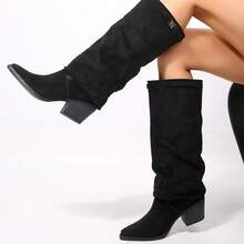 Wite Fit Chunky Heel Retro Women's Western Boots, New Autumn/Winter Flared Leg Boots, Pointed Toe Tall Boots, High Heel Riding Boots, Fashionable - Black - View 5