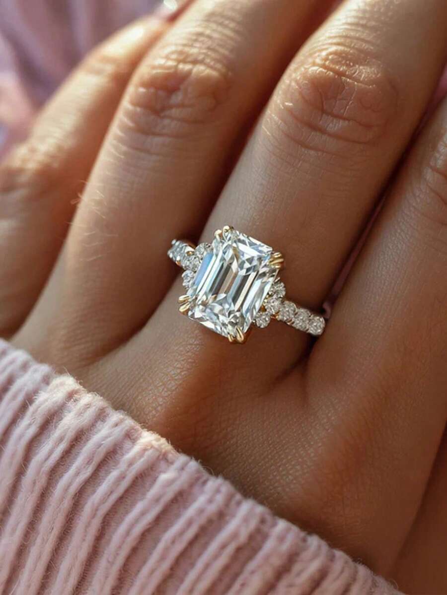 1件優雅立方鋯石女款戒指,婚禮訂婚派對珠寶,情人節禮物 - 金黃色 - 查看 1
