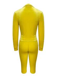 LovelyWholesale Women's Y2K Polo Collar Velvet Tracksuit, Side Stripe Zipper Jacket And Capri Pants 2 Pieces Set, Autumn/Winter - Yellow - View 6