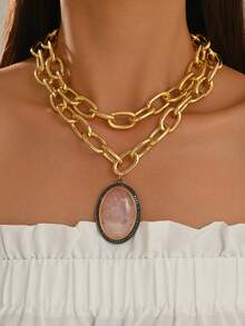 1 Set 2pcs Exaggerated Personality Hip Hop Metal Hollow Heavy Metal Double Layer Stackable Chain Necklace With Micro-Inlaid Red Faux Gemstone Pendant, Suitable For Women's Daily, Vacation, Banquet, Party Wear - Gold - View 1