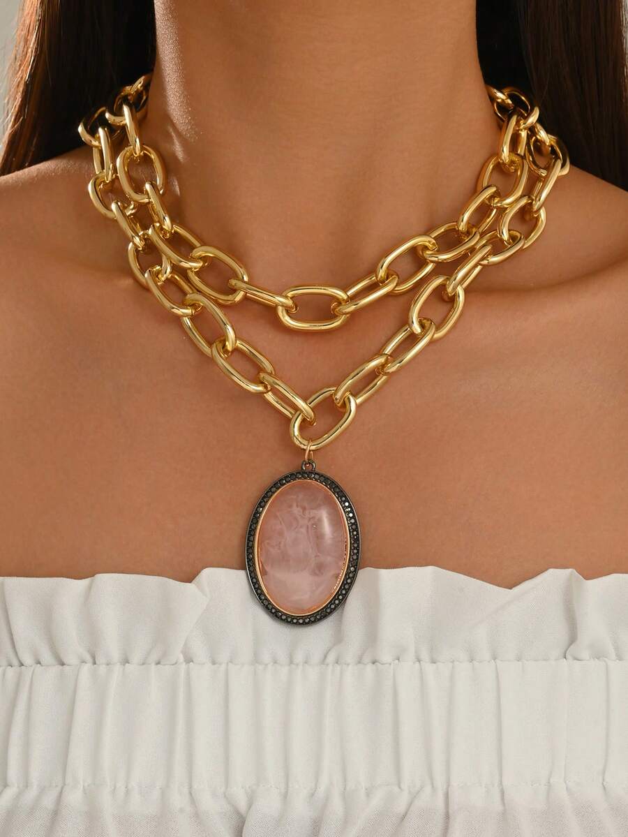 1 Set 2pcs Exaggerated Personality Hip Hop Metal Hollow Heavy Metal Double Layer Stackable Chain Necklace With Micro-Inlaid Red Faux Gemstone Pendant, Suitable For Women's Daily, Vacation, Banquet, Party Wear - Gold - View 1