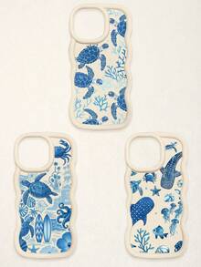 3 Pcs Wavy White Edge Ocean Sea Turtle Print Phone Case, Blue Tone Underwater Creature Illustration Soft Shell, Thickened Wavy Frame Full Coverage Anti-Drop TPU Phone Cover, Ins Vacation Style Niche Fresh Digital Accessory; Suitable For Valentine's Day, Easter, Mother's Day, Father's Day, Independence Day, Halloween, Thanksgiving, Christmas, New Year, Birthday, Back To School Gifts, Compatible With IPhone 17/17 Pro - Multicolor - View 25