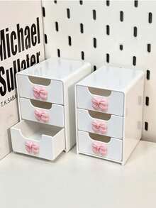 Mini Desktop Drawer Storage Box With Pink Bow Decoration; Multi-Layer Plastic Jewelry & Cosmetic Organizer, Non-Electric Desktop Storage, Suitable For Vanity, Bedroom, Office, Can Store Various Daily Items; Home, Vanity, Living Room Decor Choice, Made Of Durable Plastic Material. - Multicolor - View 7