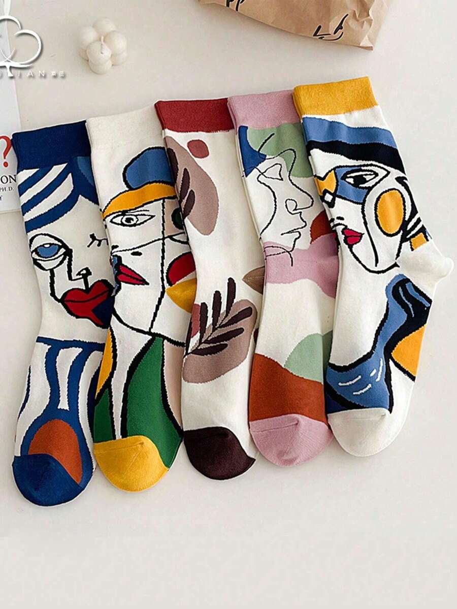 5pairs/Set Men's Colorful Face & Line Pattern Mid-Calf Socks, Fall - Multicolor - View 1