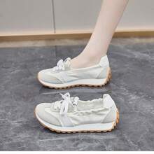 1 Pair Women's Colorful Patchwork Multi-Functional Sports Casual White Sneakers, Round Toe Outdoor Lace-Up Spring Autumn Canvas Panel Shoes - Beige - View 6