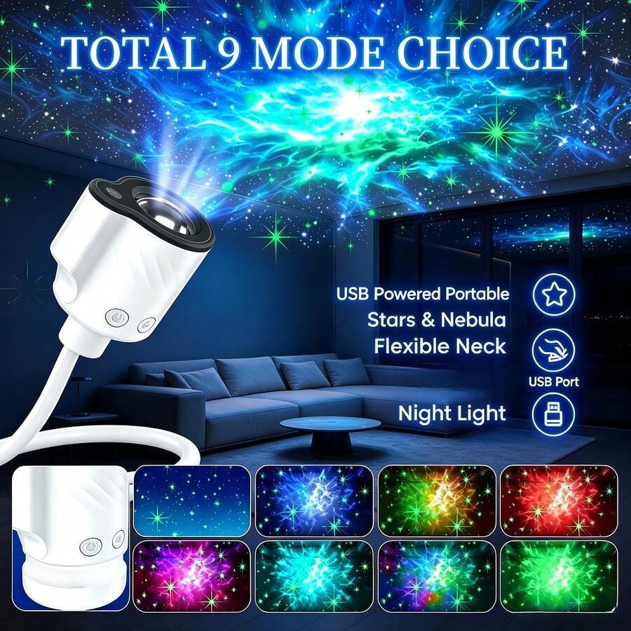 Lampu Nebula USB yang Dapat Ditekuk – Proyektor Bintang 9 Adegan dengan Lampu Malam Hangat, Leher Angsa 360°, Proyeksi Sudut Lebar, Pasang & Mainkan, Untuk Dekorasi Langit-langit Ruangan, Mobil, dan Tenda - cahaya polikromatik - View 1